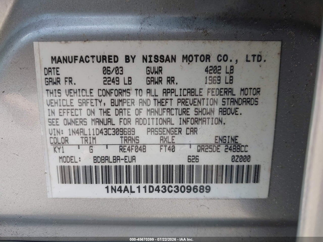 2003 NISSAN ALTIMA 2.5 S thumbnail 10