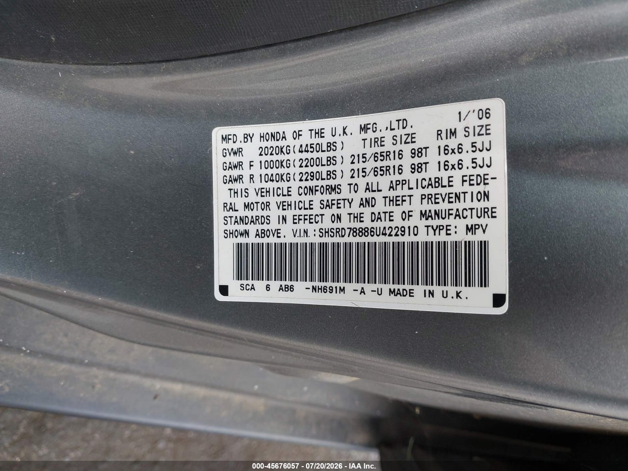 2006 HONDA CR-V EX thumbnail 10