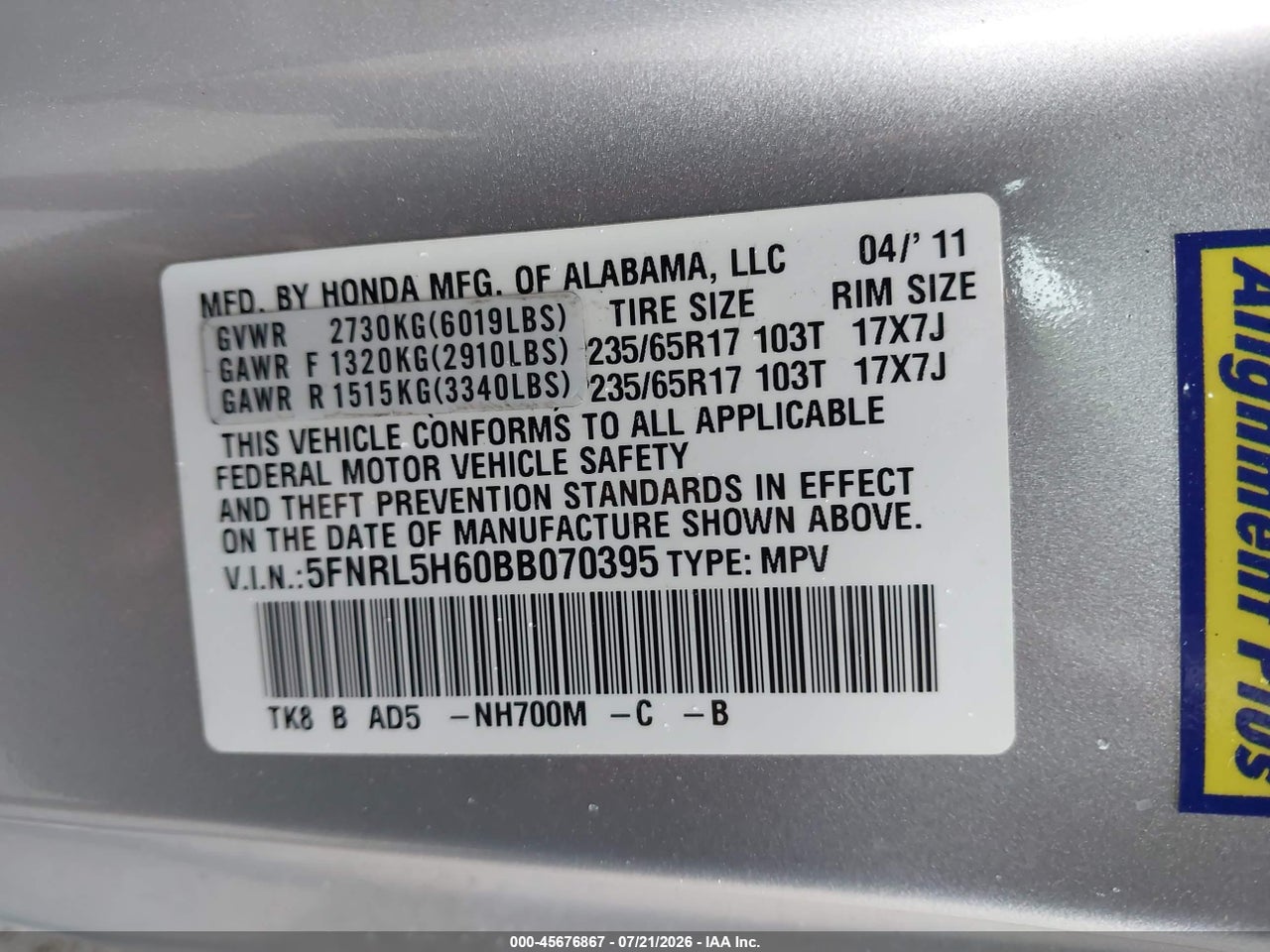 2011 HONDA ODYSSEY EX-L thumbnail 10