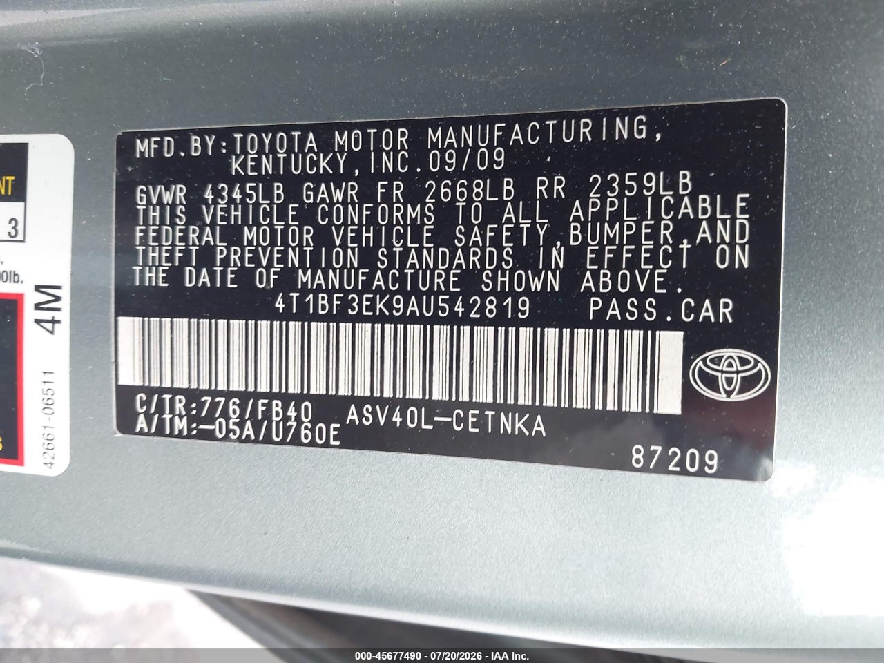 2010 TOYOTA CAMRY LE thumbnail 10