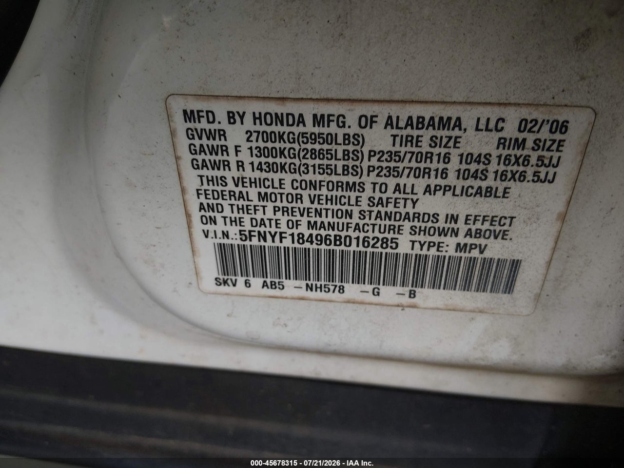 2006 HONDA PILOT EX thumbnail 10