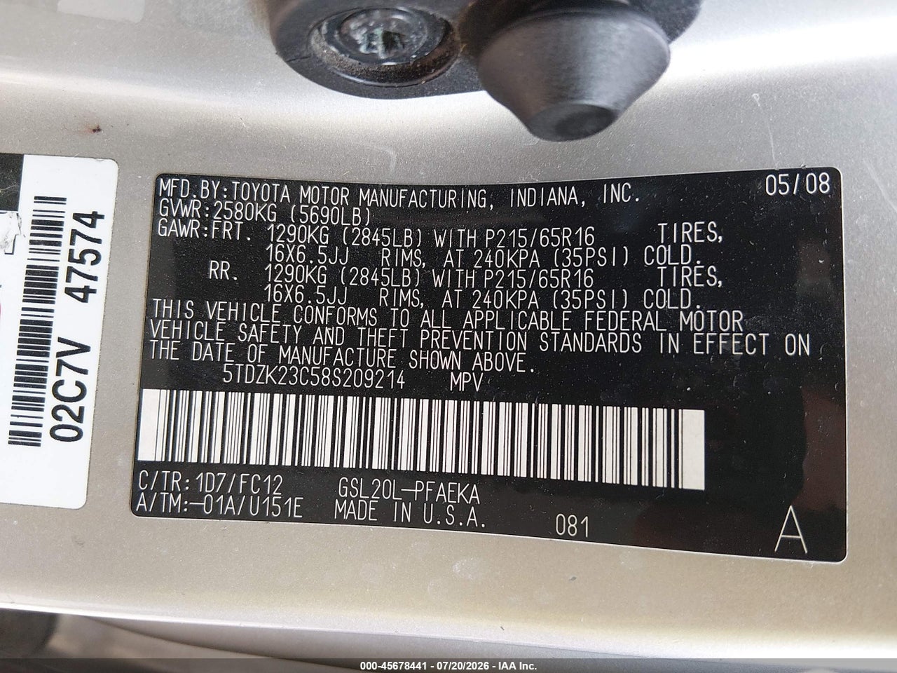 2008 TOYOTA SIENNA LE thumbnail 10