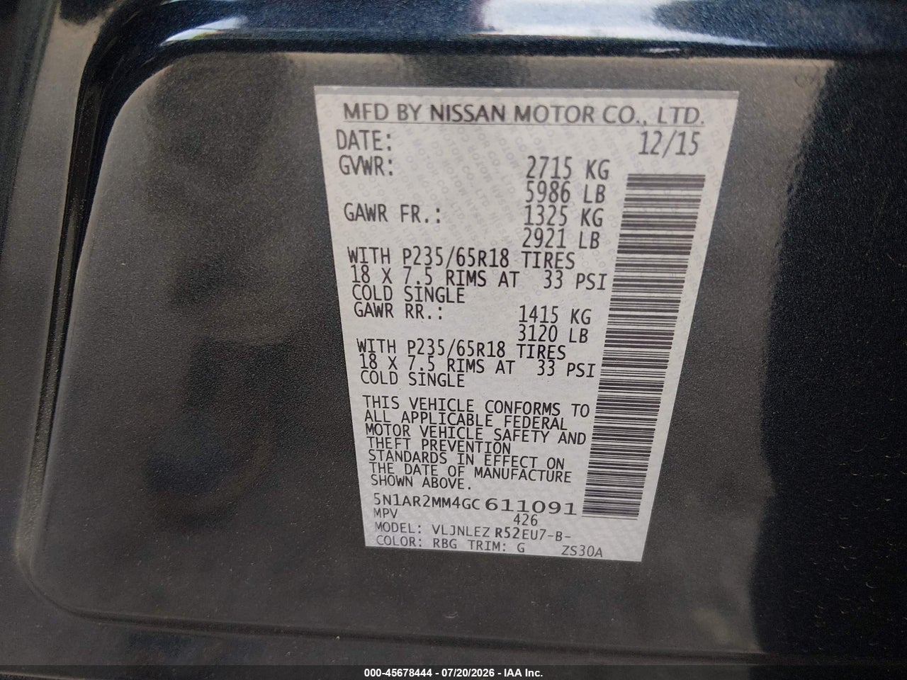 2016 NISSAN PATHFINDER PLATINUM/S/SL/SV thumbnail 10