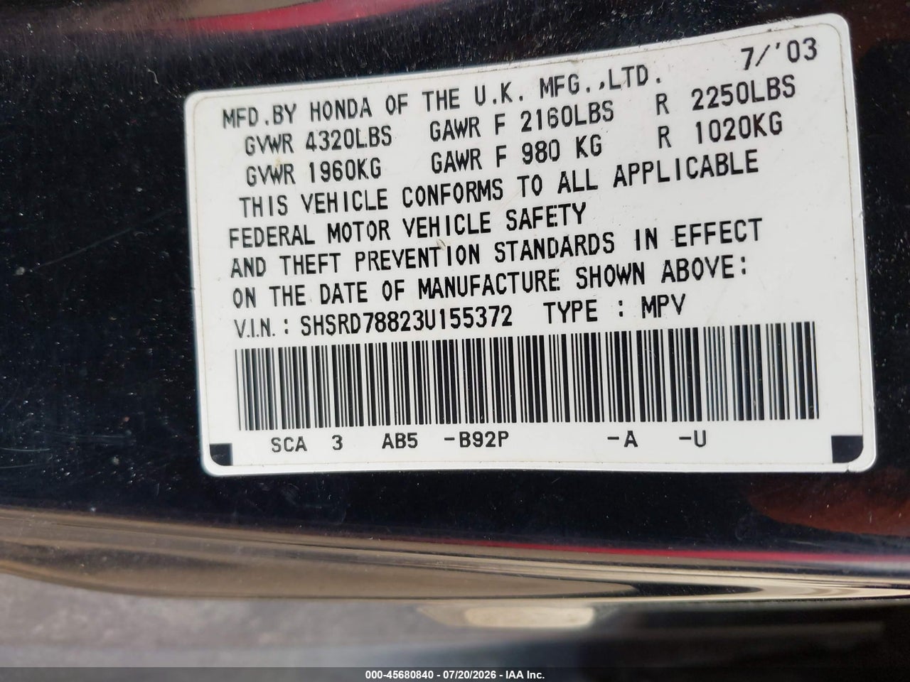 2003 HONDA CR-V EX thumbnail 10