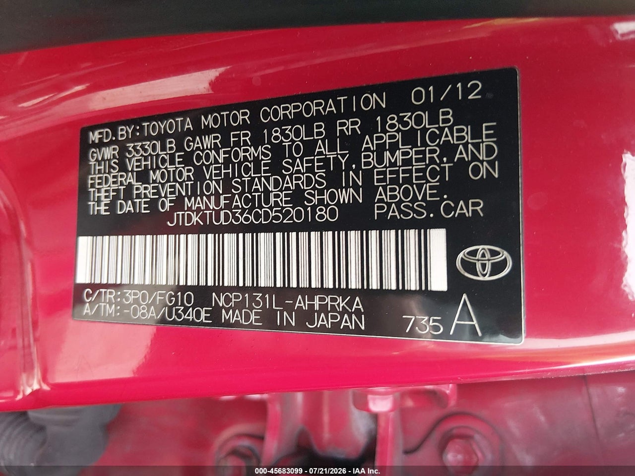 2012 TOYOTA YARIS LE thumbnail 10