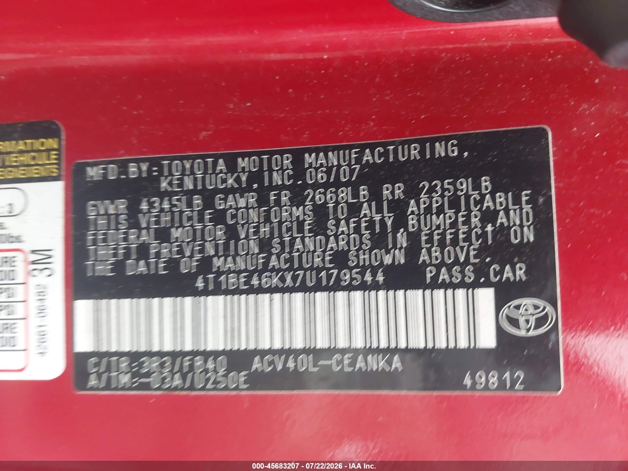 2007 TOYOTA CAMRY LE thumbnail 10