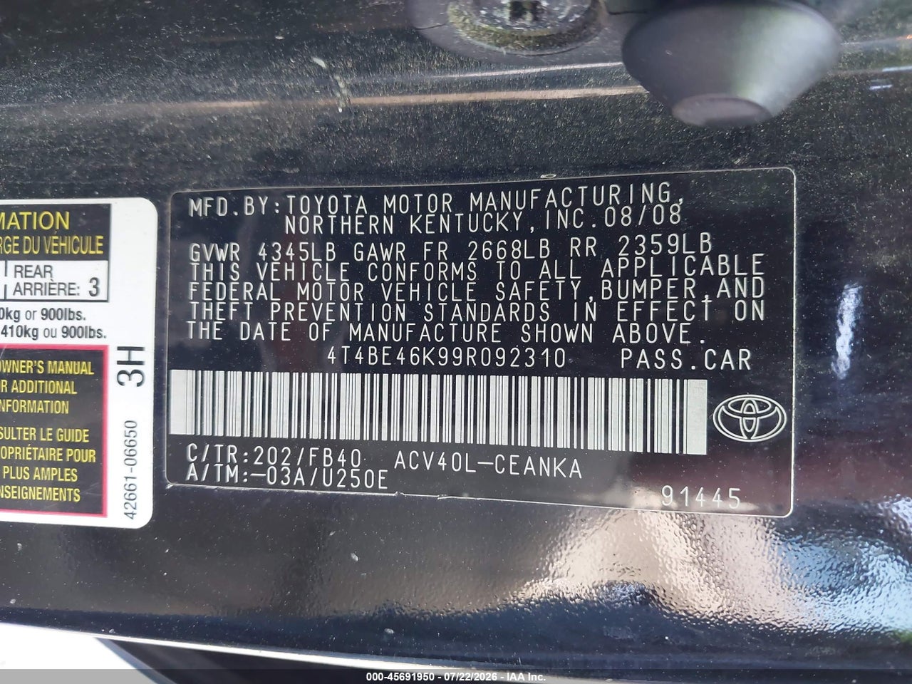 2009 TOYOTA CAMRY LE thumbnail 10