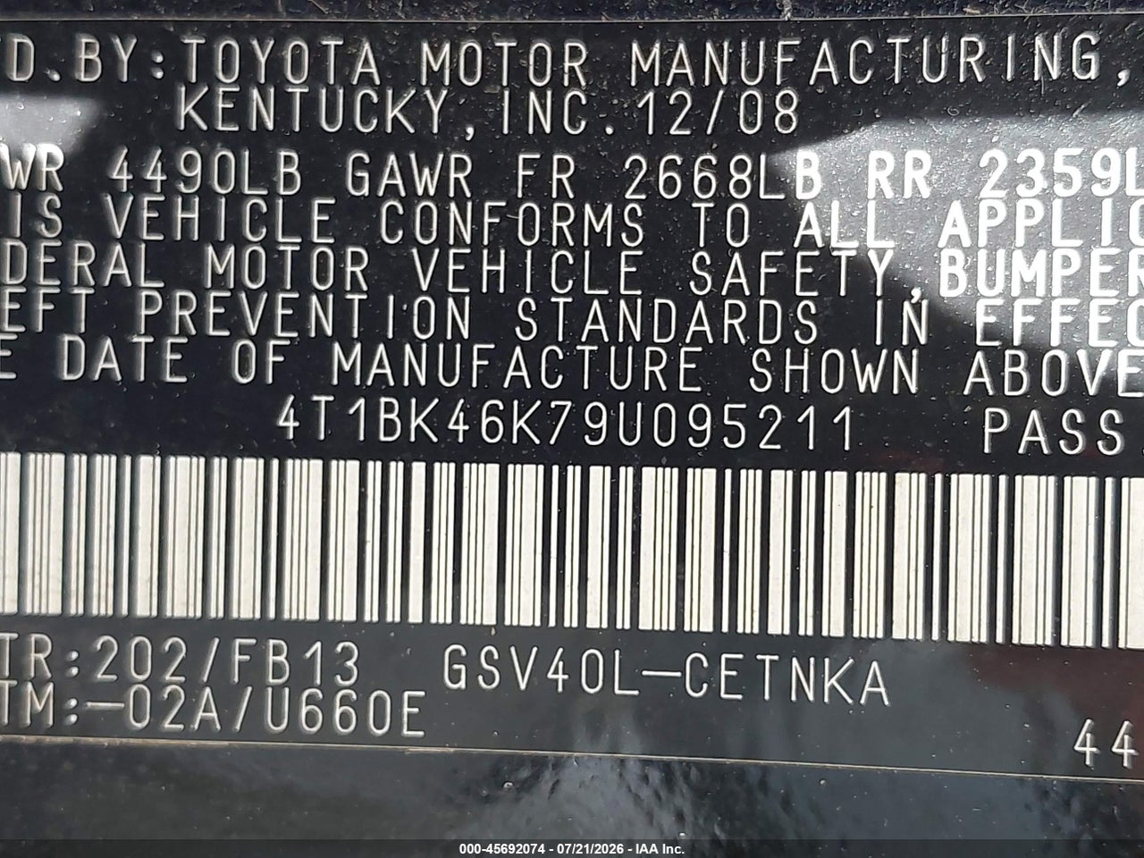 2009 TOYOTA CAMRY LE V6 thumbnail 10