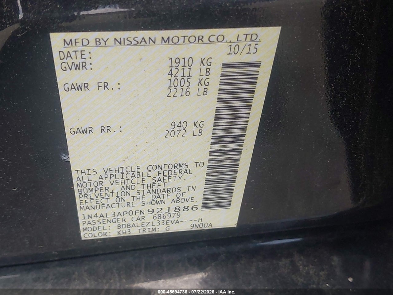 2015 NISSAN ALTIMA 2.5 S thumbnail 10
