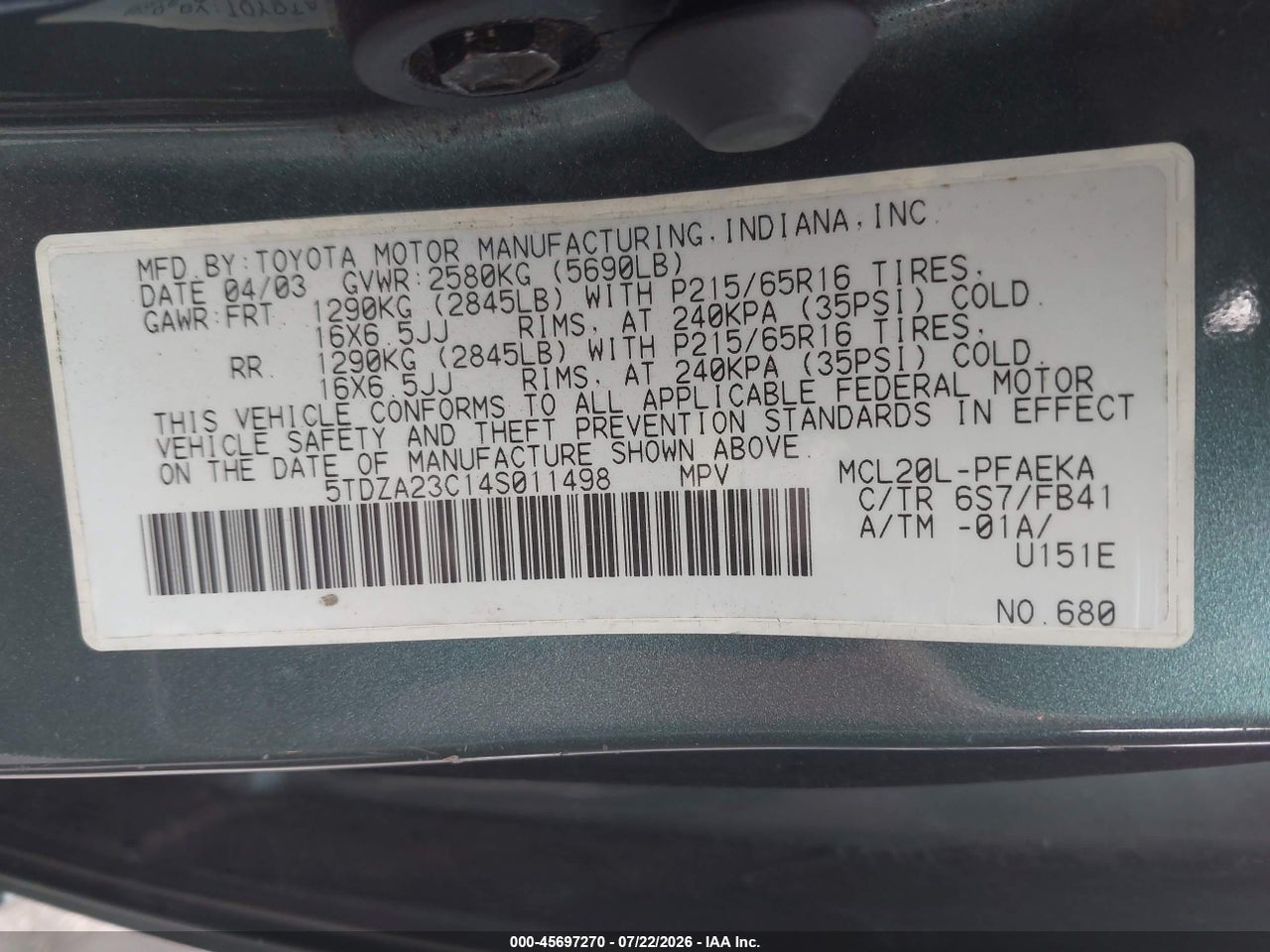 2004 TOYOTA SIENNA LE thumbnail 10