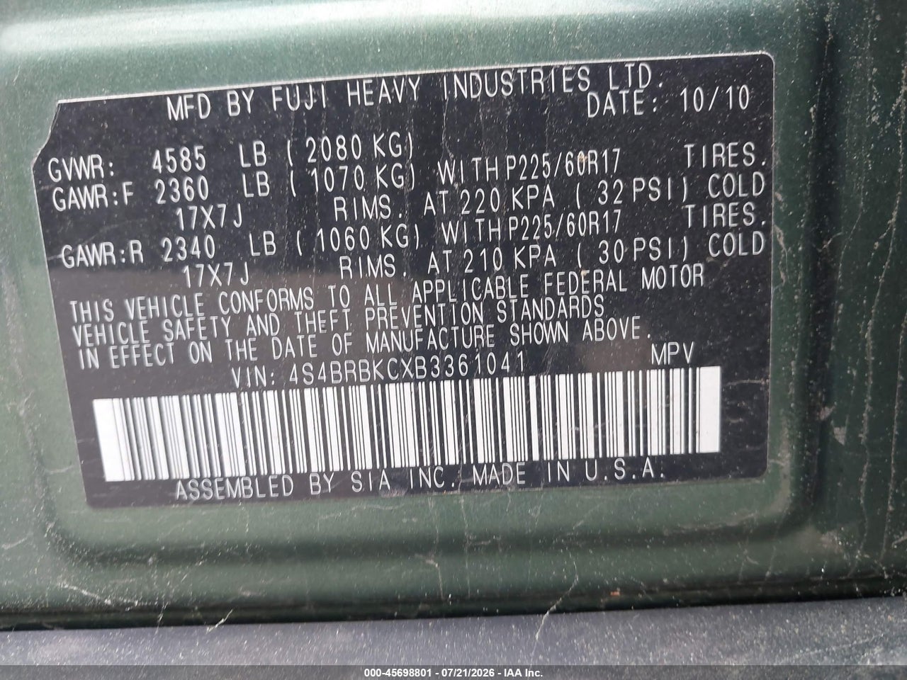 2011 SUBARU OUTBACK 2.5I LIMITED thumbnail 10