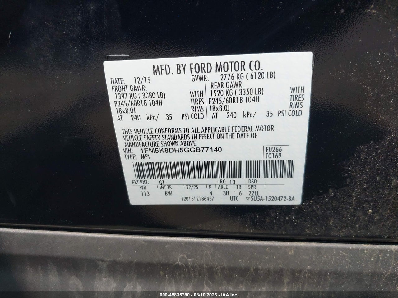 1FM5K8DH5GG****** · 2016 FORD EXPLORER XLT · 9/12