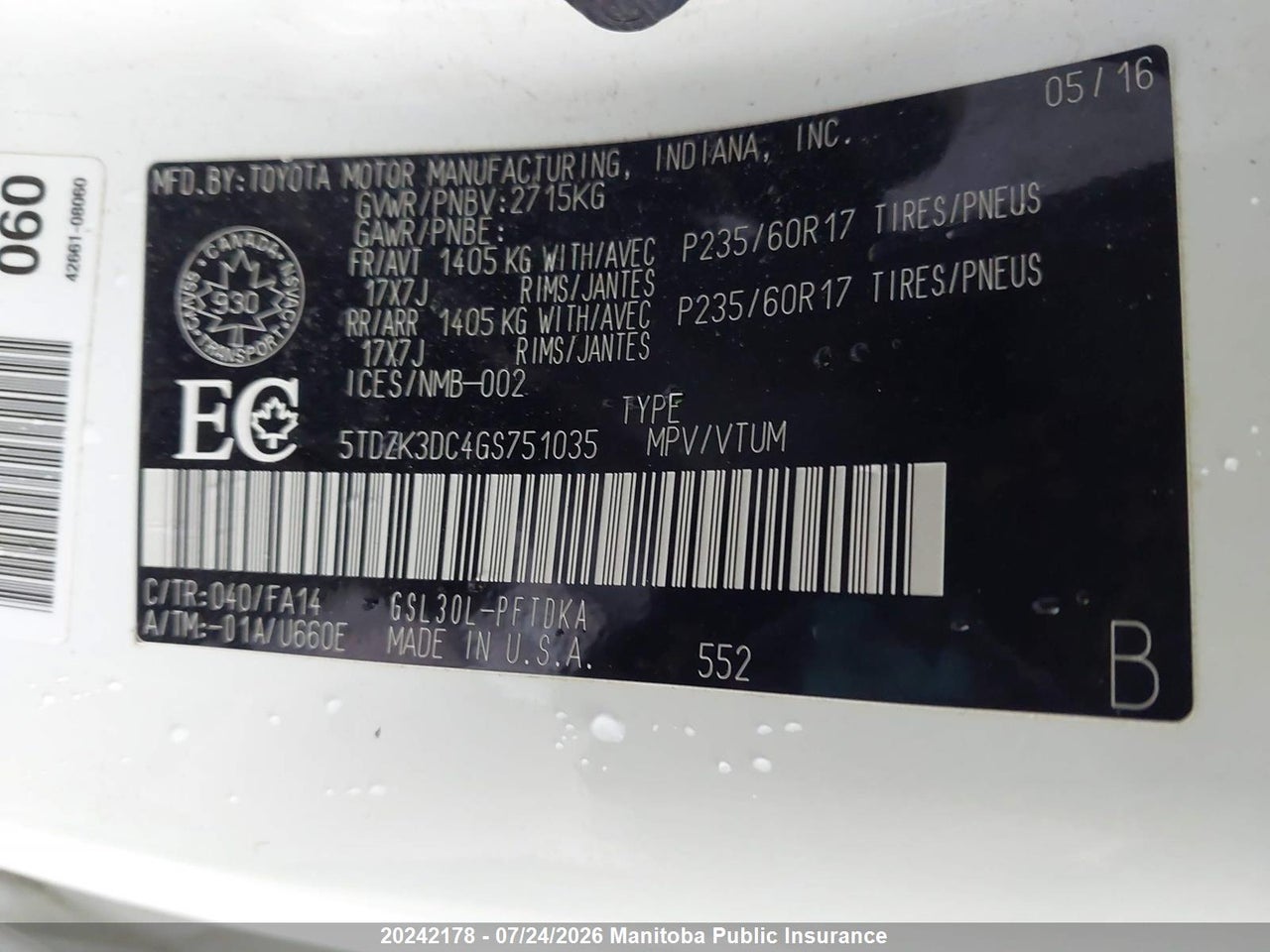 2016 TOYOTA SIENNA SE V6  thumbnail 10