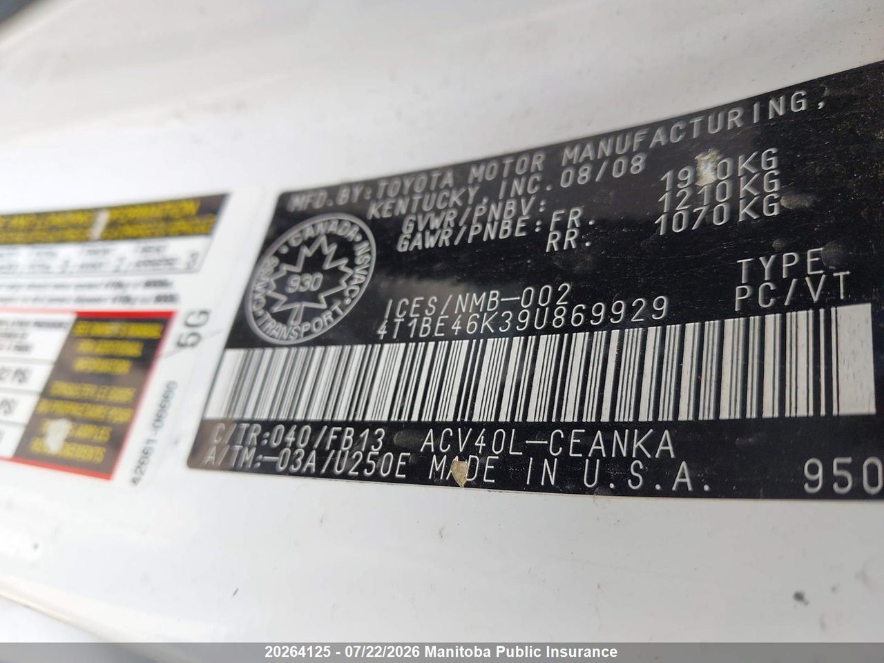 2009 TOYOTA CAMRY LE thumbnail 9