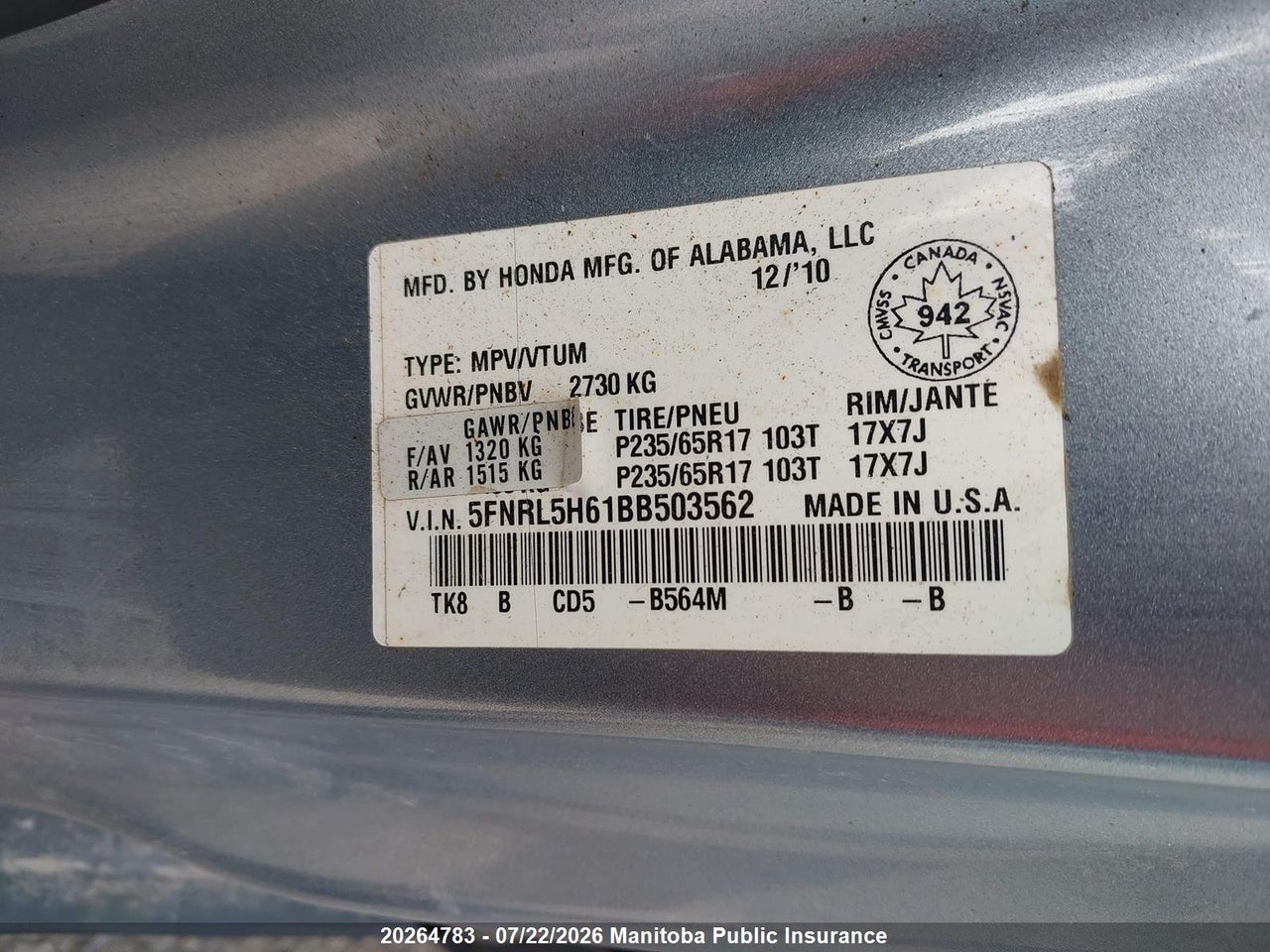 2011 HONDA ODYSSEY EX-L thumbnail 10