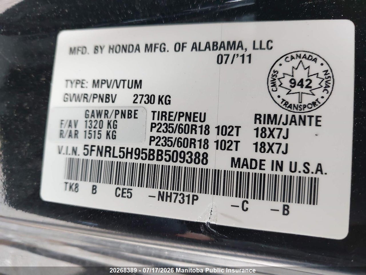 2011 HONDA ODYSSEY TOURING thumbnail 10
