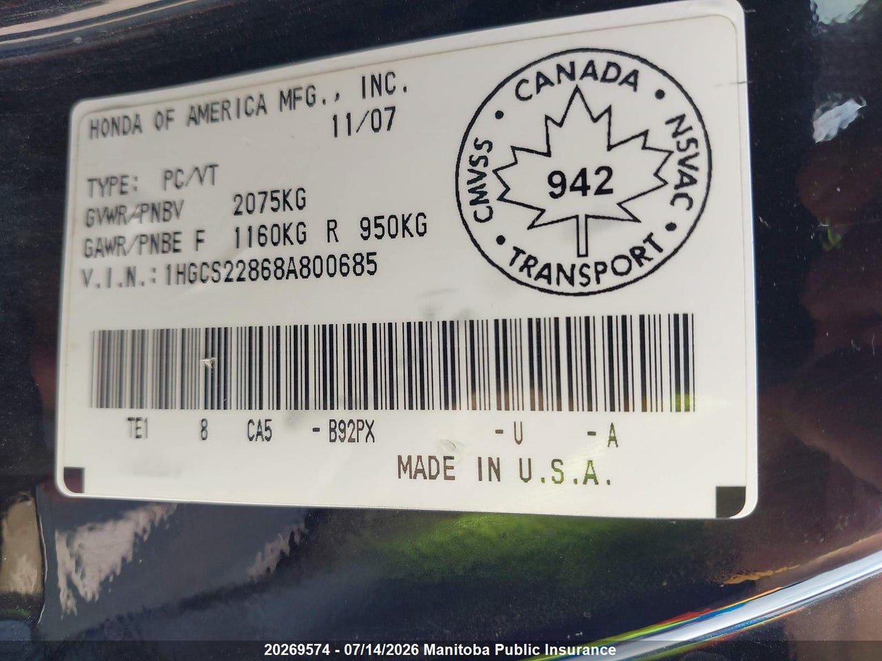 2008 HONDA ACCORD EX-L V6 thumbnail 10