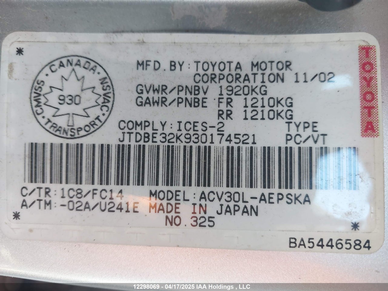 2003 TOYOTA CAMRY LE/SE/XLE thumbnail 10