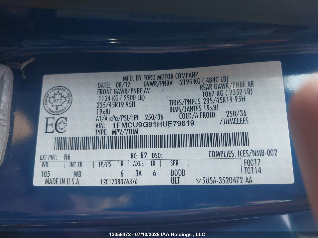 1FMCU9G91HUE79619 · 2017 FORD ESCAPE SE · 9/12