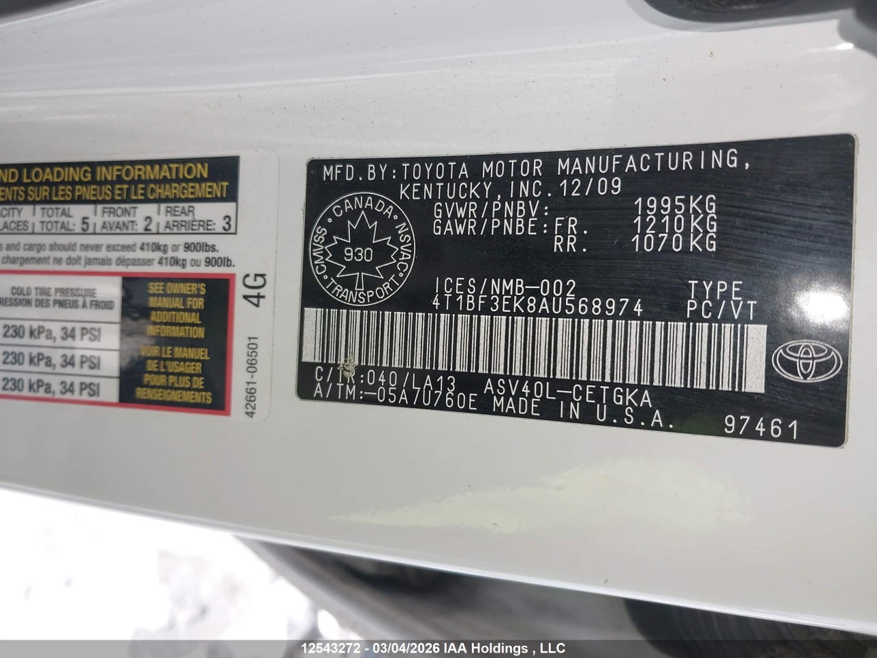 2010 TOYOTA CAMRY XLE thumbnail 10