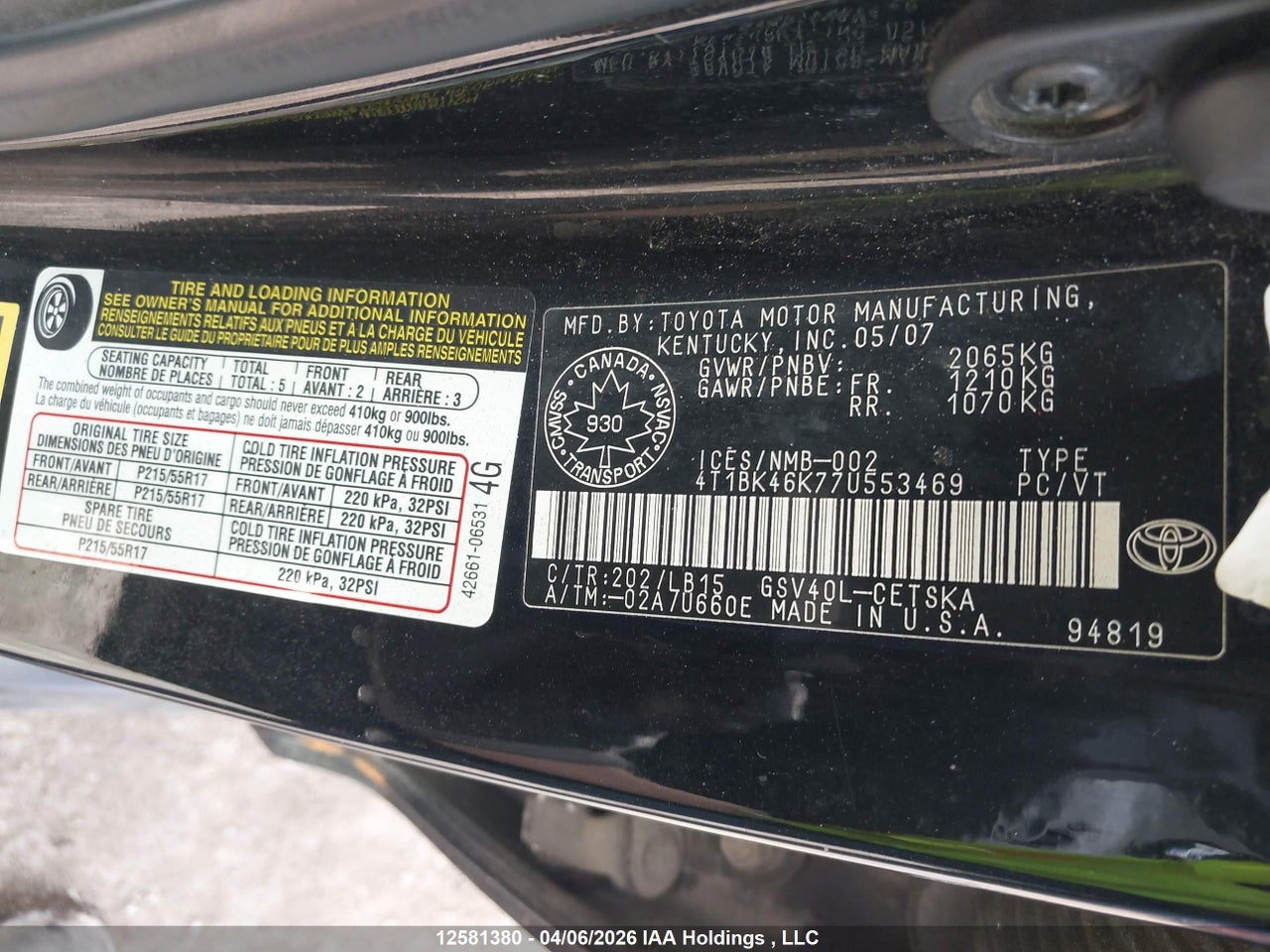 2007 TOYOTA CAMRY LE V6/SE V6/XLE V6 thumbnail 10