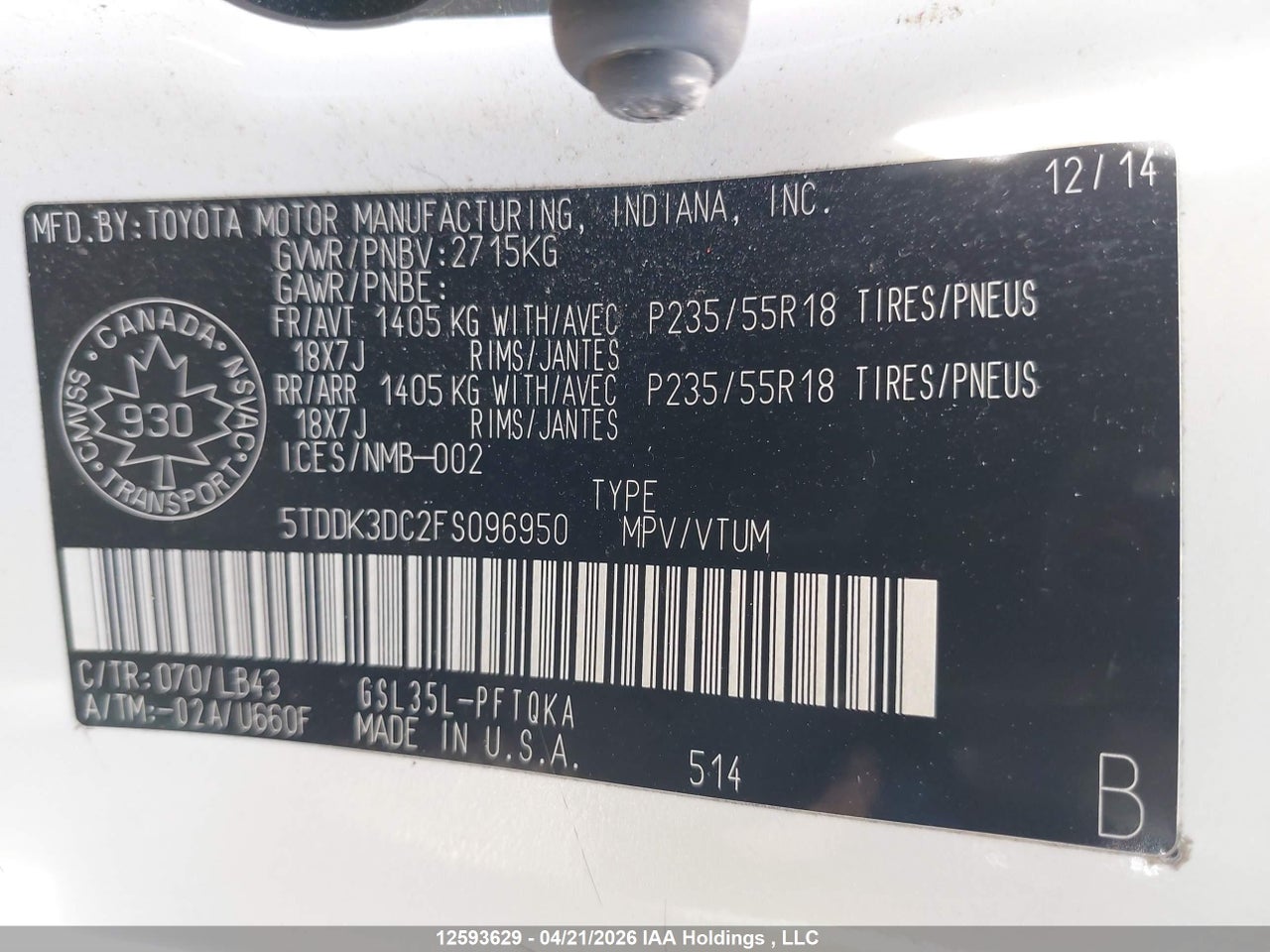 2015 TOYOTA SIENNA XLE 7 PASSENGER thumbnail 10