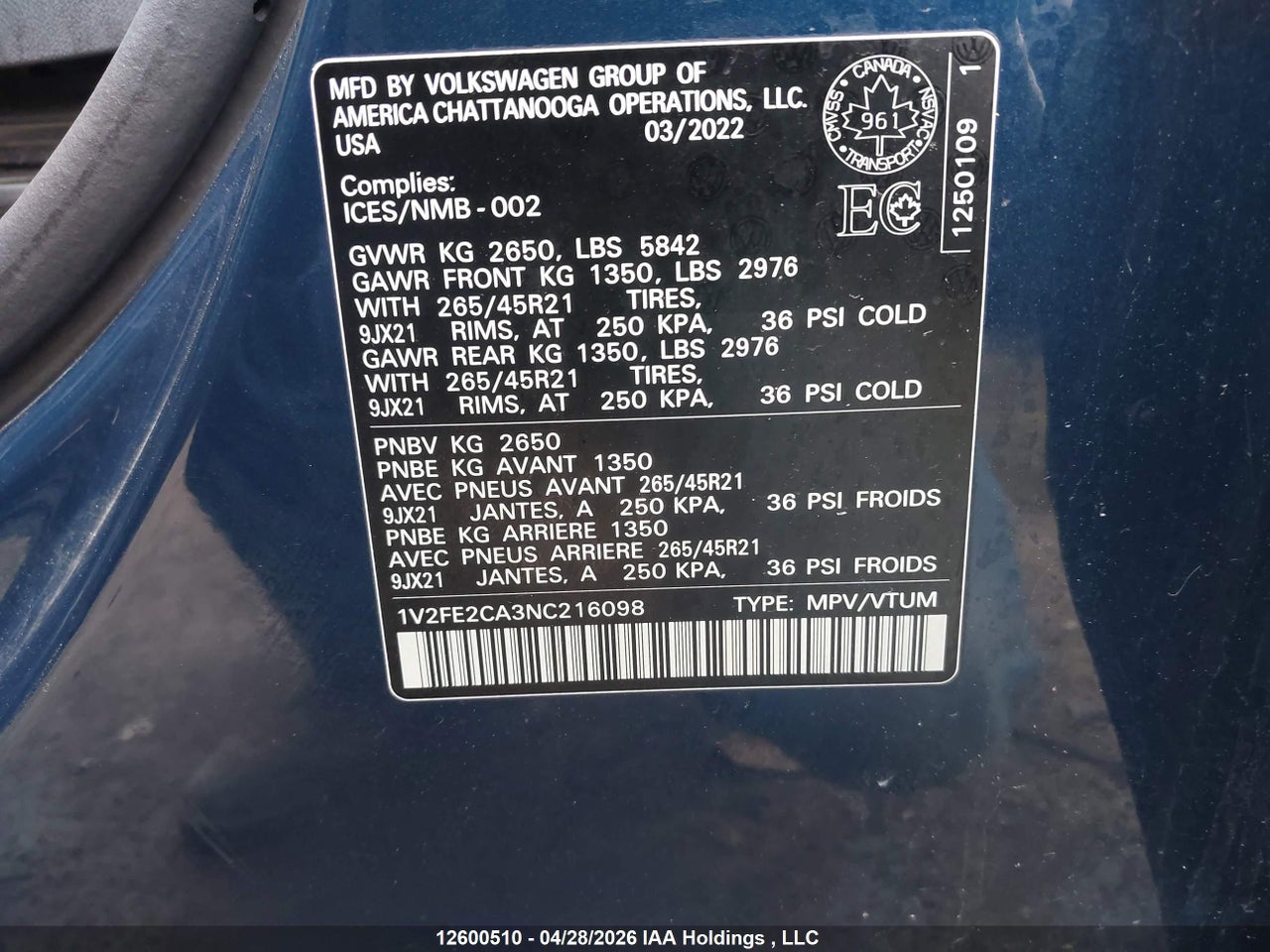 2022 VOLKSWAGEN ATLAS CROSS SPORT 3.6 FSI EXECLINE thumbnail 10