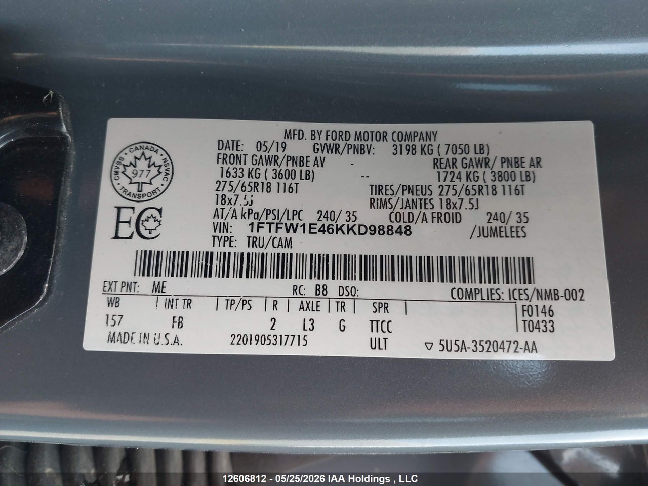 1FTFW1E46KK****** · 2019 FORD F-150 · 9/12