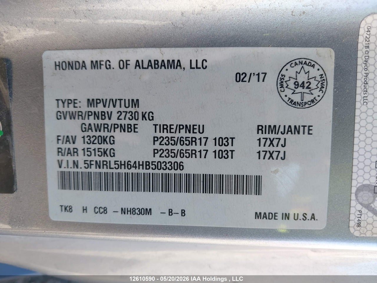 2017 HONDA ODYSSEY EXL thumbnail 10