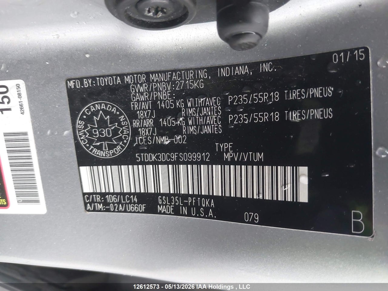 2015 TOYOTA SIENNA XLE/LIMITED thumbnail 10