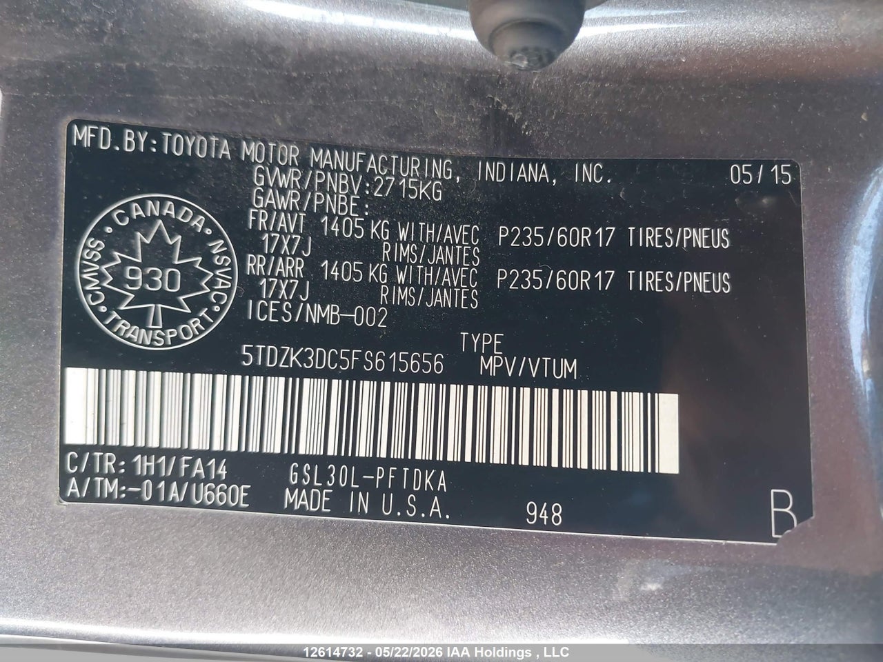 2015 TOYOTA SIENNA 7 PASSENGER thumbnail 10