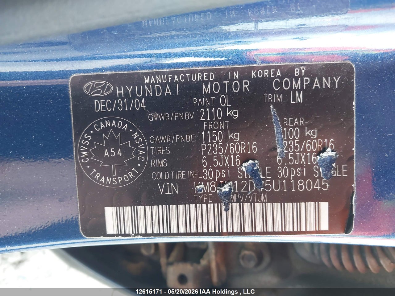 2005 HYUNDAI TUCSON GL thumbnail 10