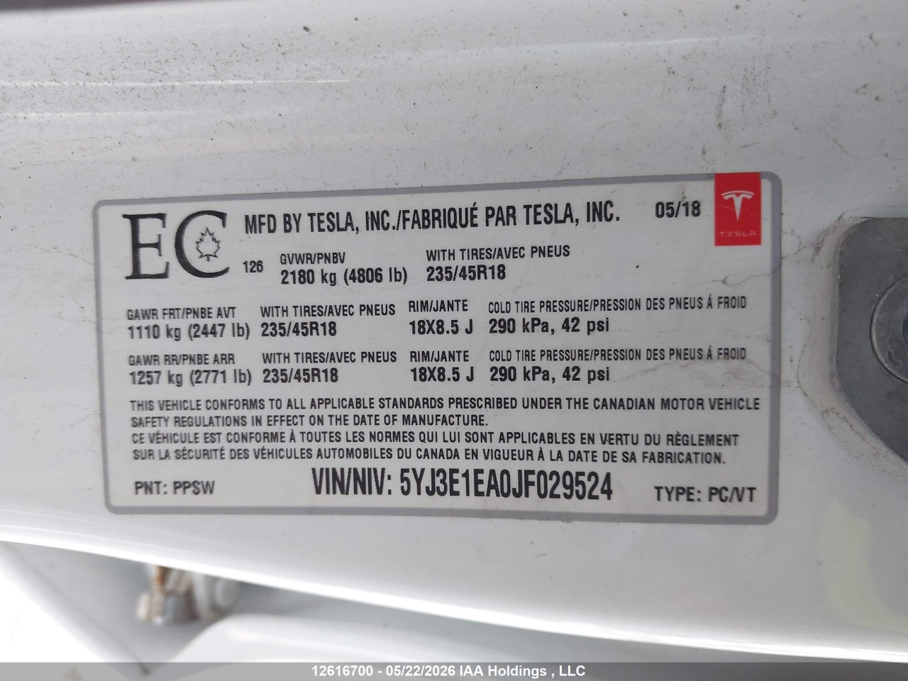 2018 TESLA MODEL 3 thumbnail 10