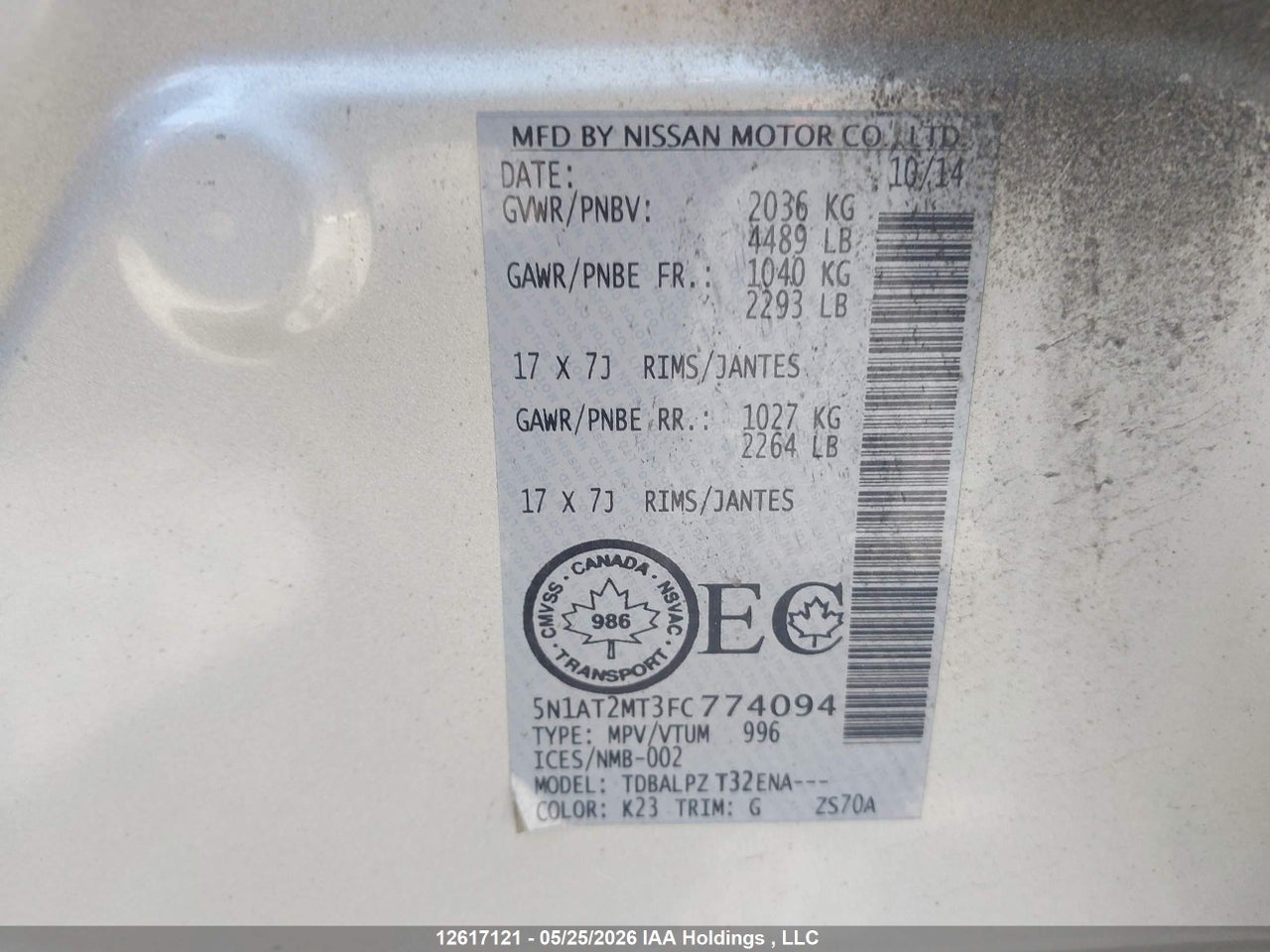 5N1AT2MT3FC****** · 2015 NISSAN ROGUE · 9/12
