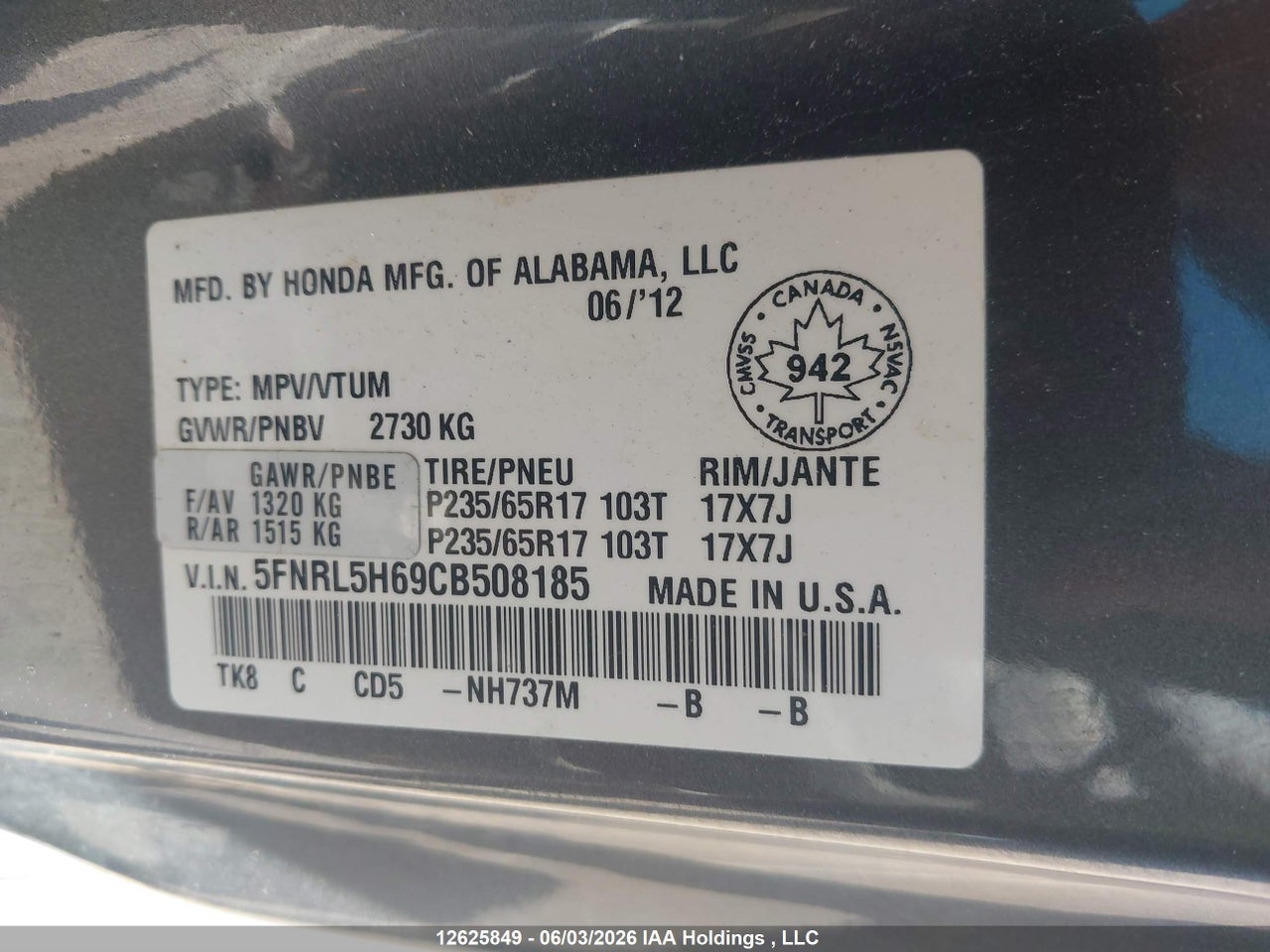 2012 HONDA ODYSSEY EXL thumbnail 10
