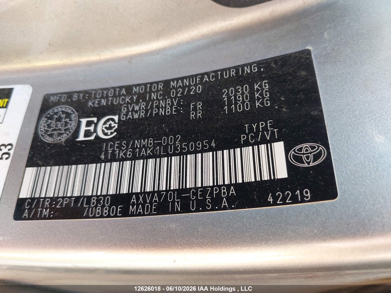 2020 TOYOTA CAMRY XSE thumbnail 10