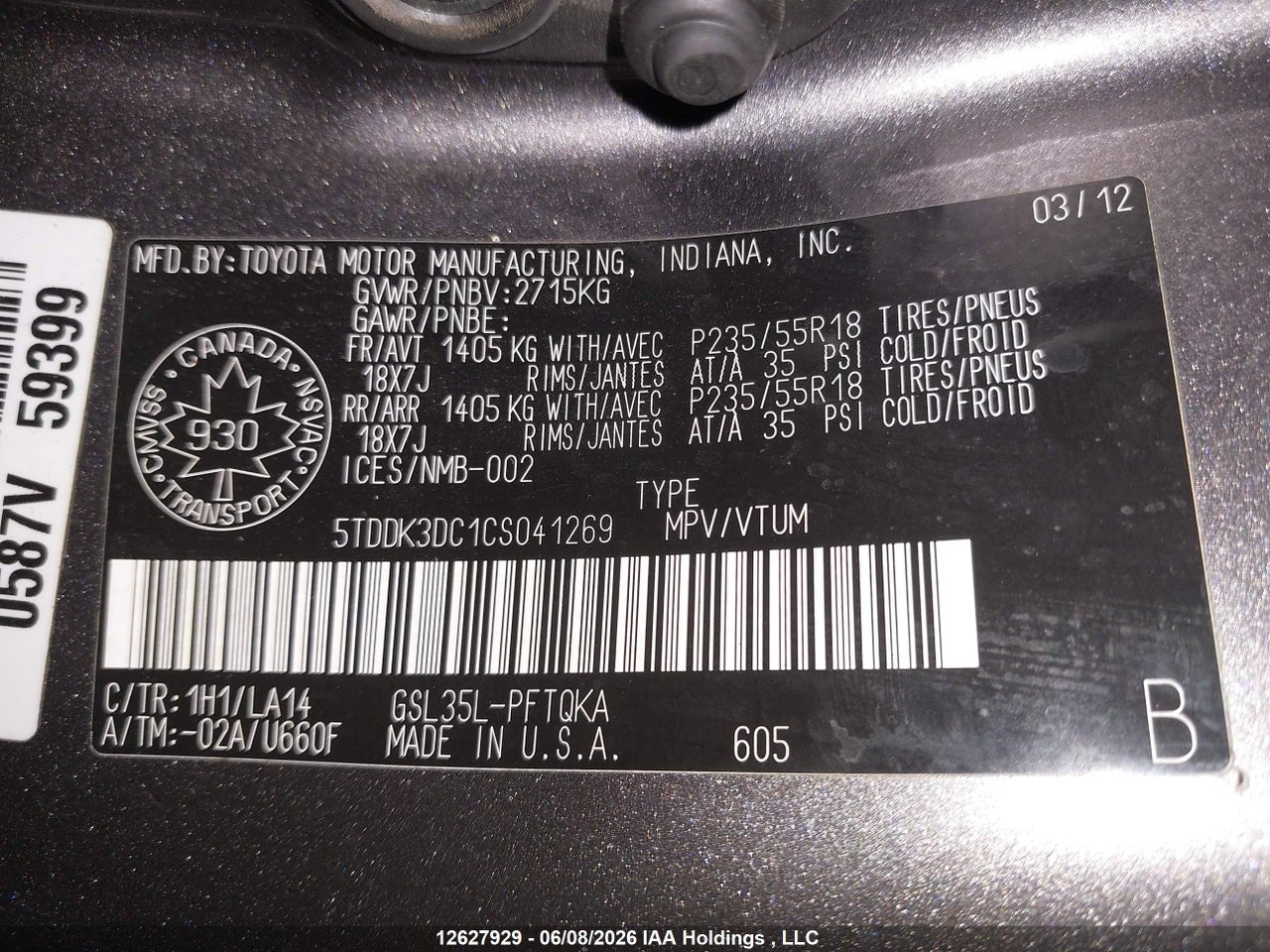2012 TOYOTA SIENNA XLE 7 PASSENGER thumbnail 10