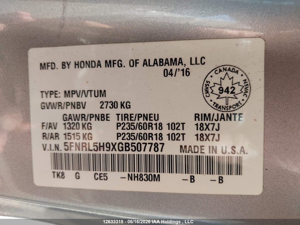 2016 HONDA ODYSSEY thumbnail 10