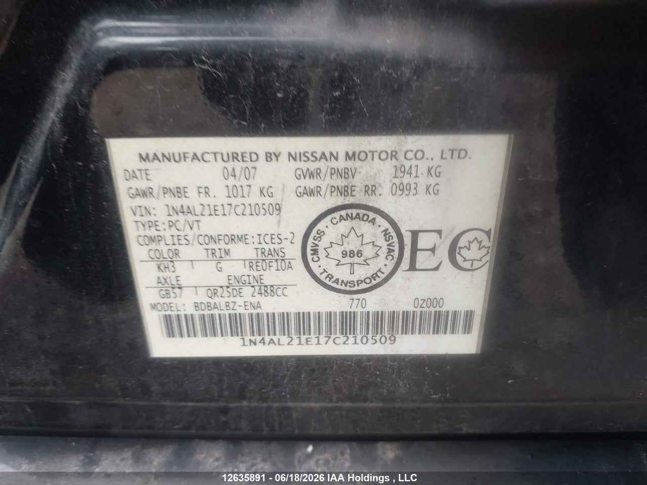 2007 NISSAN ALTIMA 2.5/2.5S thumbnail 10