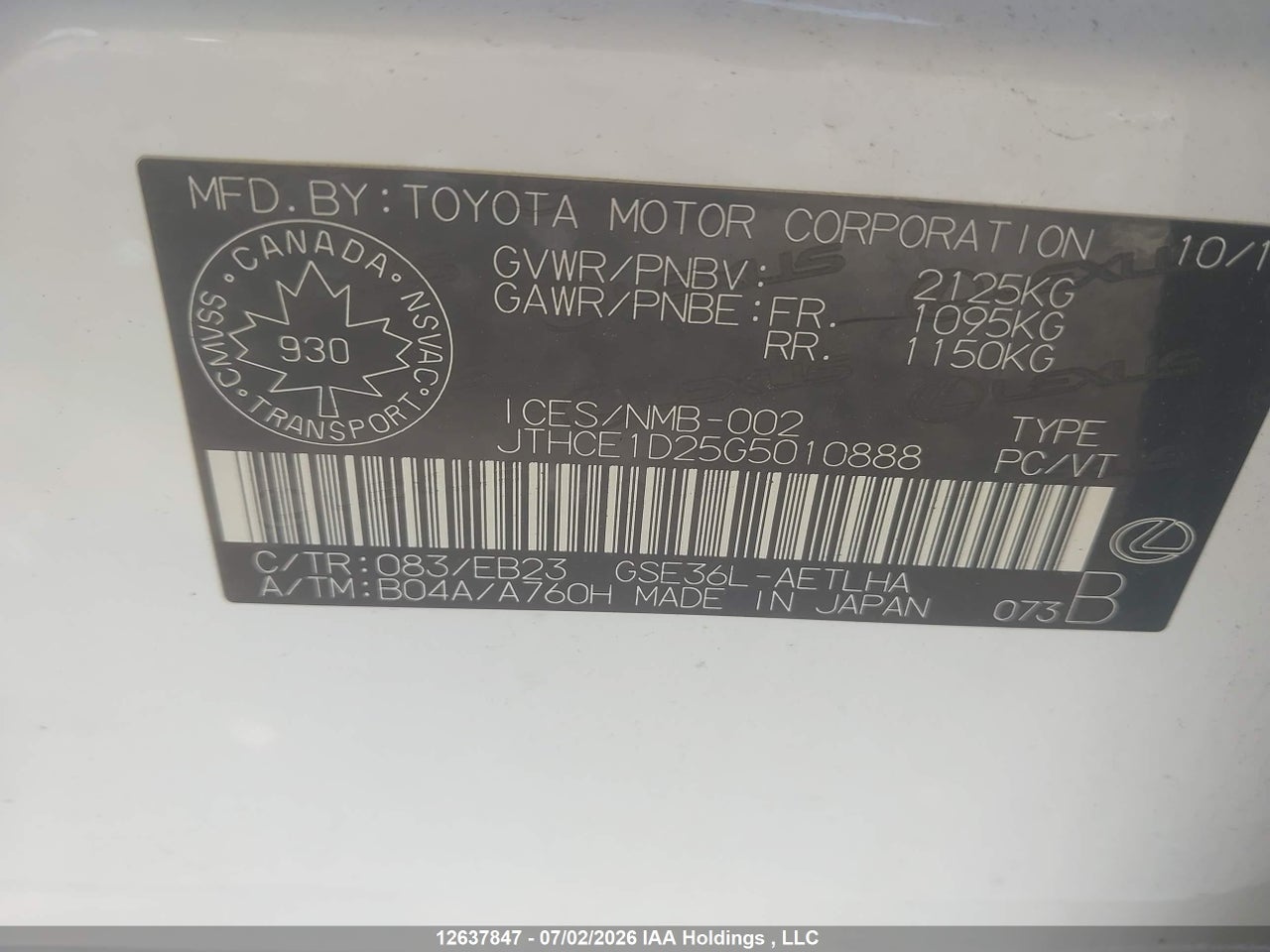 JTHCE1D25G5010888 · 2016 LEXUS IS 350 · 9/12