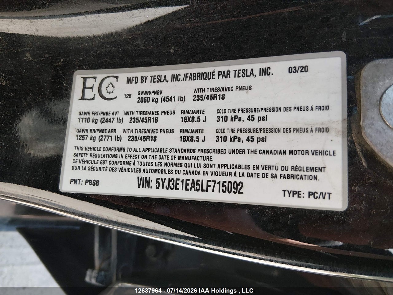 2020 TESLA MODEL 3 STANDARD RANGE PLUS thumbnail 10