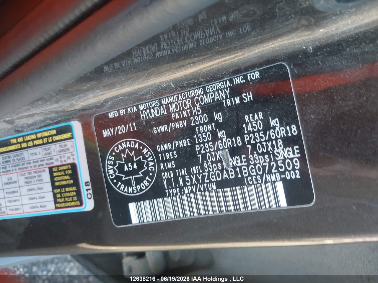 2011 HYUNDAI SANTA FE GL 2.4 PREMIUM thumbnail 10