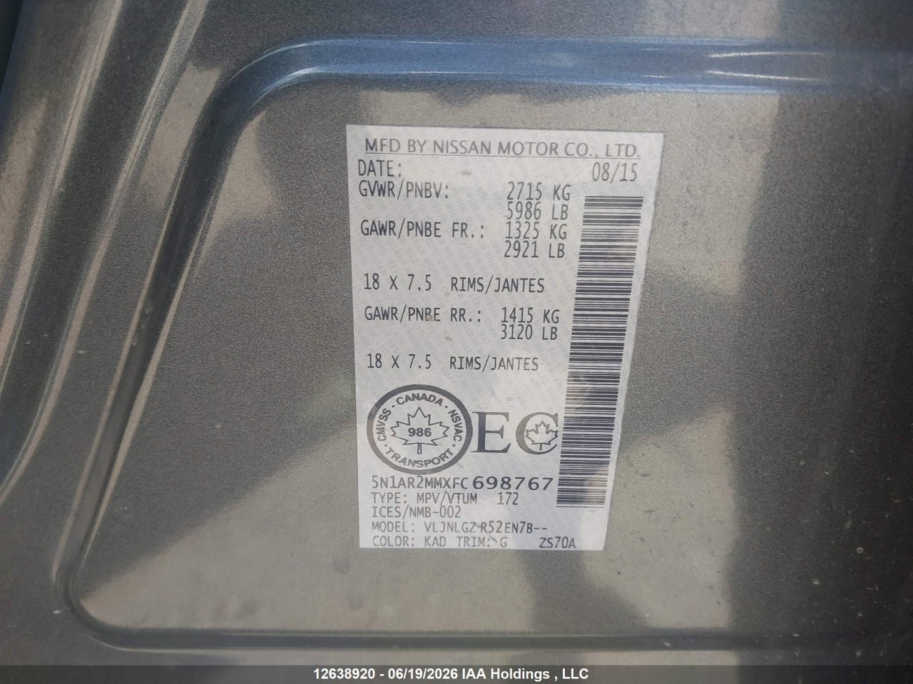 2015 NISSAN PATHFINDER PLATINUM/S/SL/SV thumbnail 10