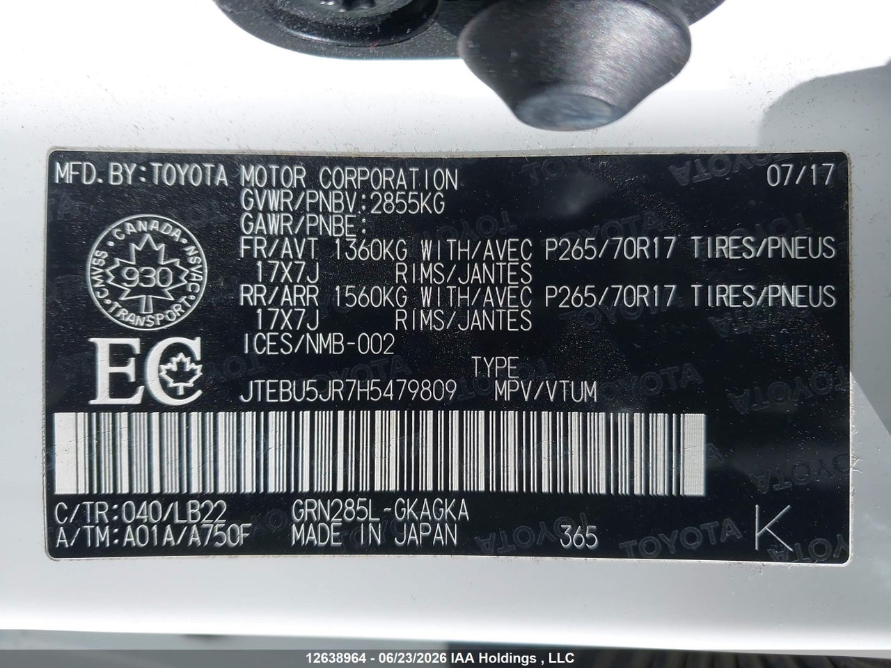 2017 TOYOTA 4RUNNER SR5 thumbnail 10