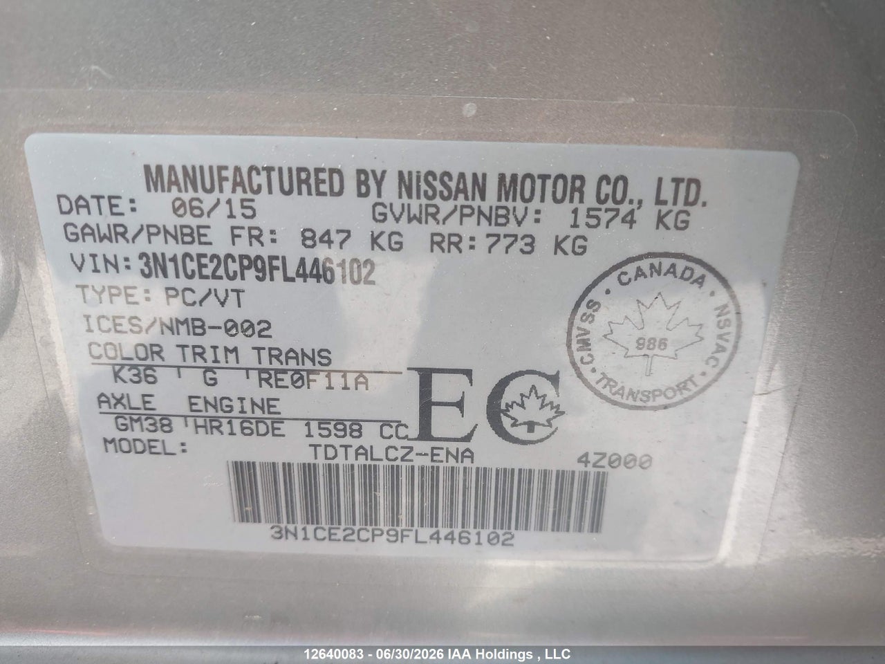 2015 NISSAN VERSA NOTE 1.6 S/1.6 SL/1.6 SR/1.6 SV thumbnail 10