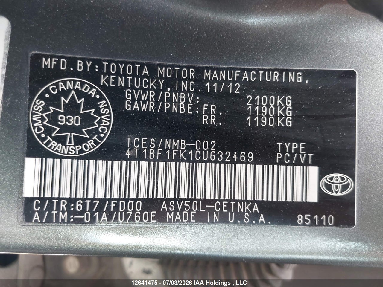 2012 TOYOTA CAMRY LE thumbnail 10