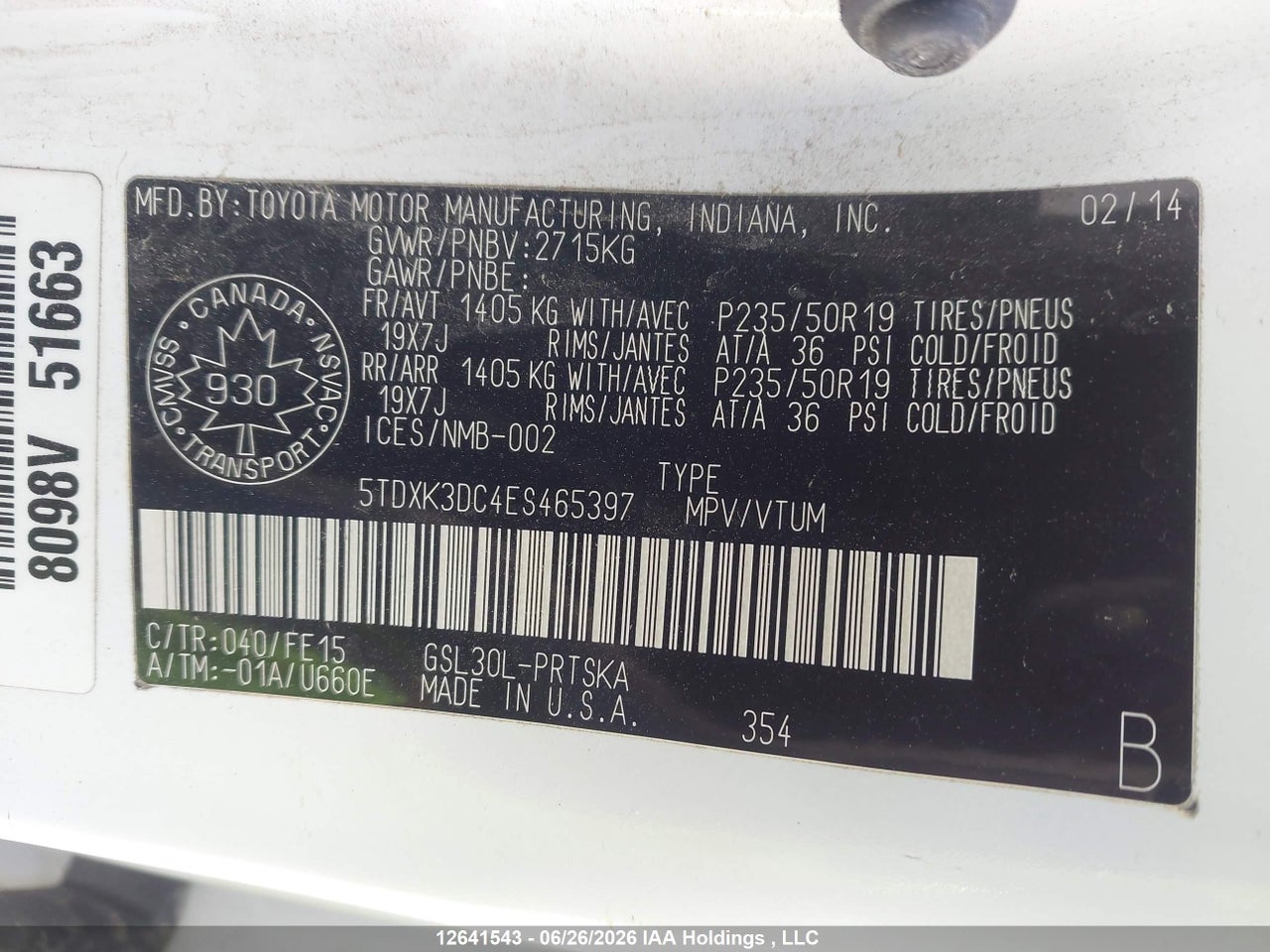 2014 TOYOTA SIENNA SE 8 PASSENGER thumbnail 10