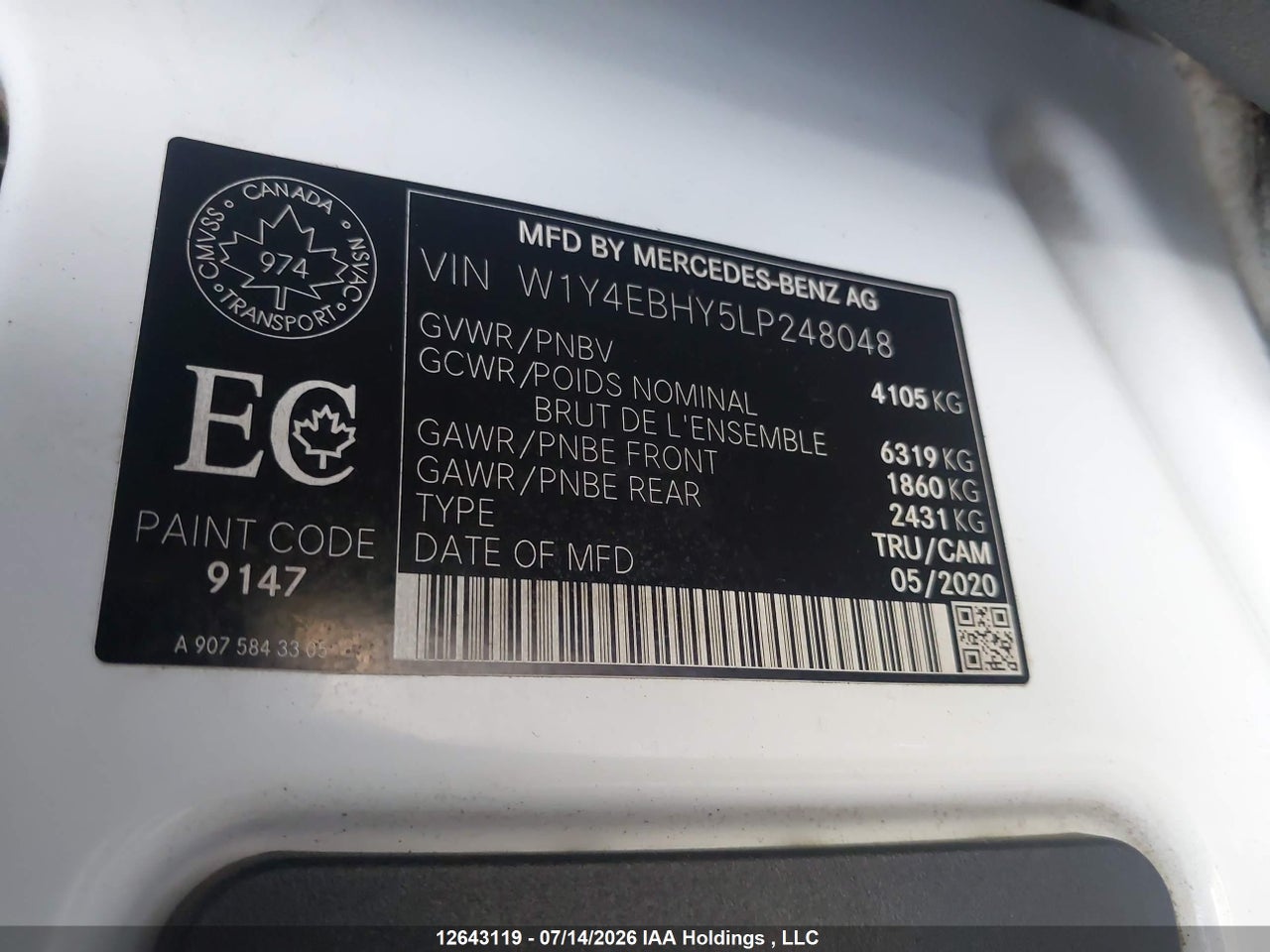 2020 MERCEDES BENZ SPRINTER 2500 STANDARD ROOF V6 thumbnail 10