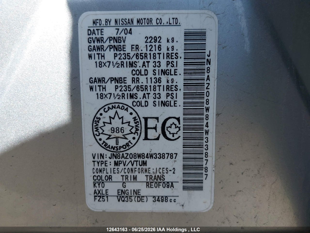 2004 NISSAN MURANO SL/SE thumbnail 10