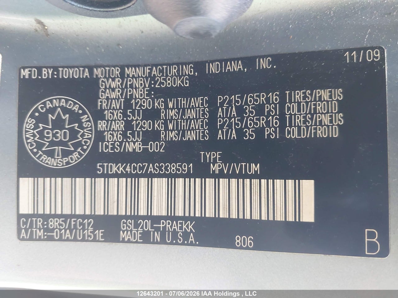 2010 TOYOTA SIENNA LE 8 PASSENGER thumbnail 10